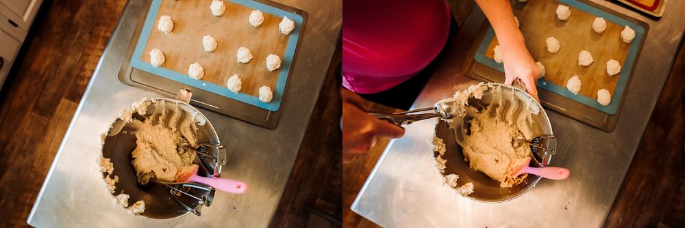 Process shots of chocolate cake being decorated on wooden surface.