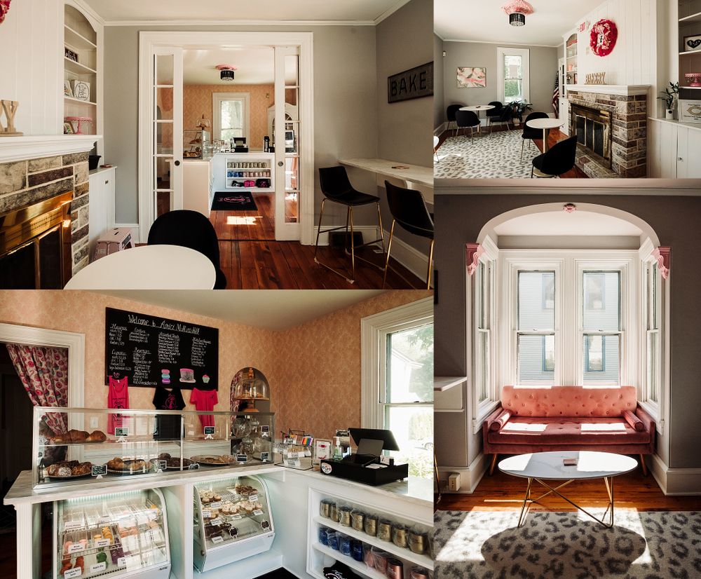 Interior collage of a cozy bakery showing display cases, seating areas, and classic architectural details.