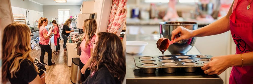 People learning how to make colorful French macarons in a cooking class setting.