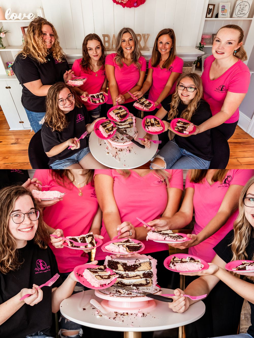 Bakery team members posing with desserts in matching pink shirts around a decorated table.