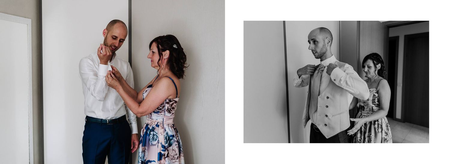 Groom getting ready with help from loved ones, adjusting tie in black and white wedding preparation photos.