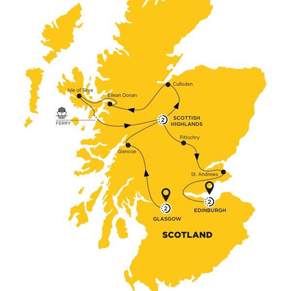 Map of Scotland showing a travel route connecting major destinations including Glasgow, Edinburgh and the Scottish Highlands in yellow.