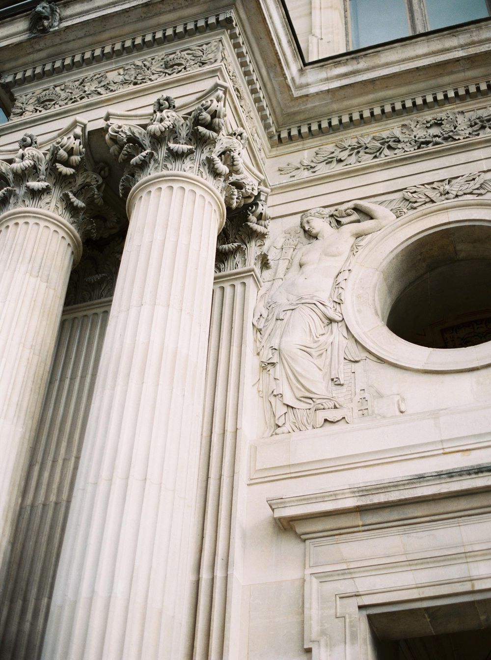 Close up of iconic Louvre Museum in Paris.