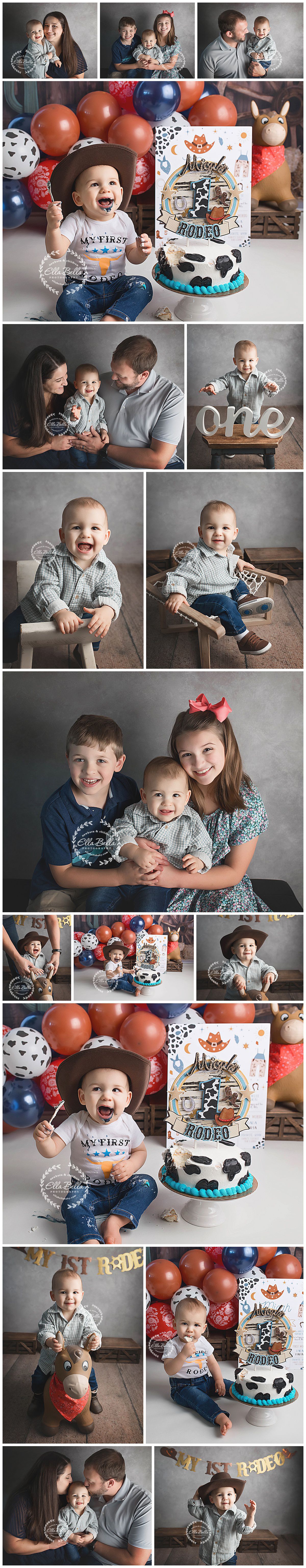 Collection of family portraits and first birthday celebration photos with cowboy themed decorations.