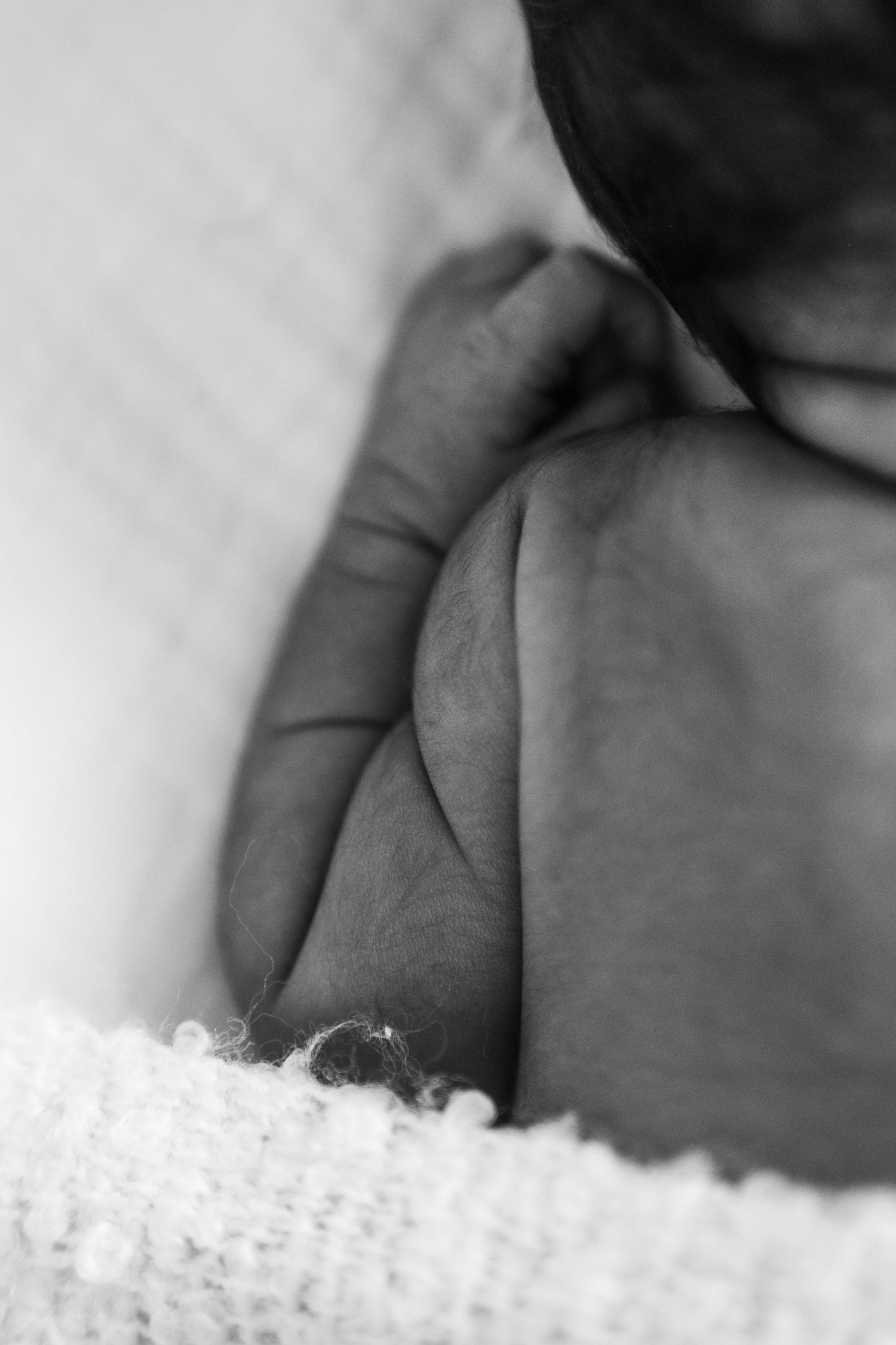 Close up black and white image of a newborn baby's back. Capturing the intricate details of tiny baby hairs.