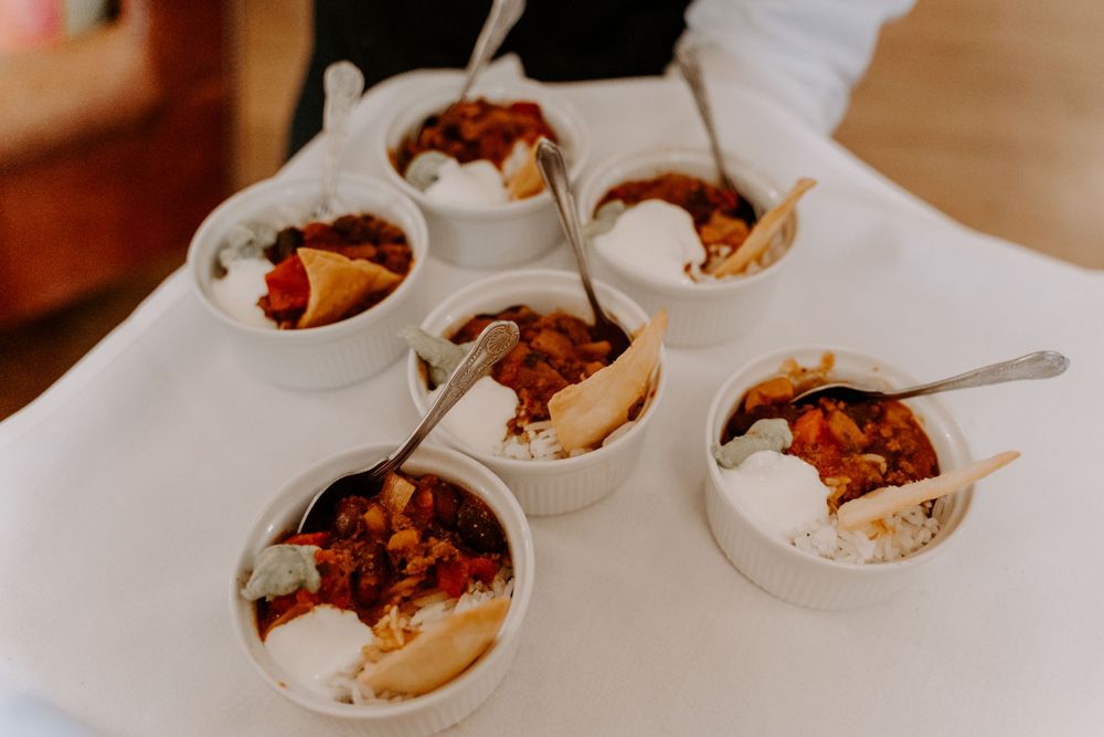 Small pots of wedding canapes - Chilli and tortilla.