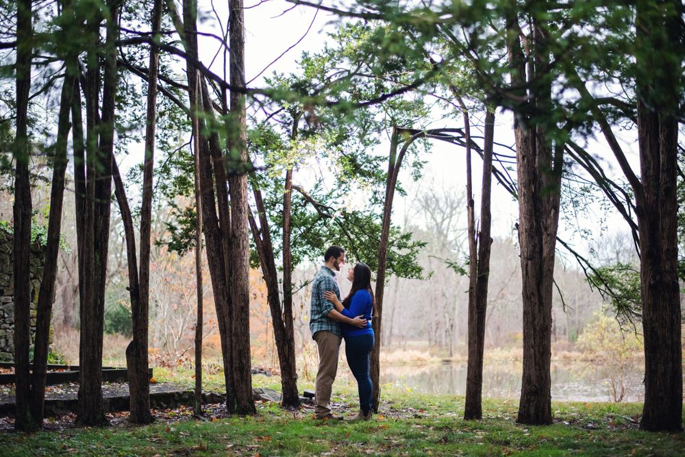 Engaged couple embracing among tall trees beside a pond during an outdoor Massachusetts engagement session