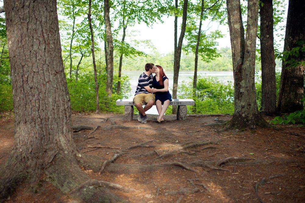 Engaged couple kissing on a bench overlooking a lake during a relaxed summer engagement session