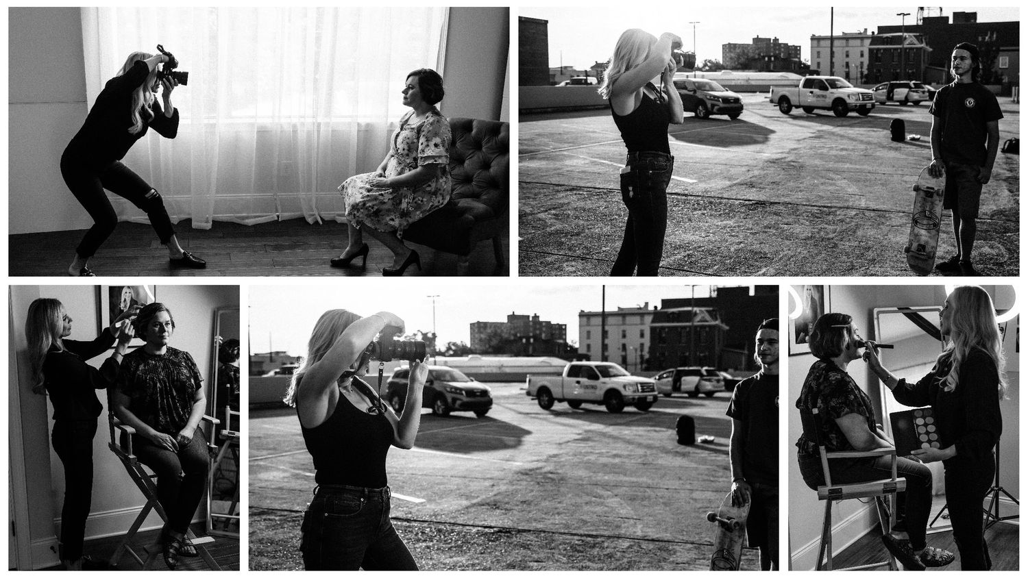 collage- photographer- behind the scenes- makeup artist- hairstylist- rooftop- studio- Charlotte