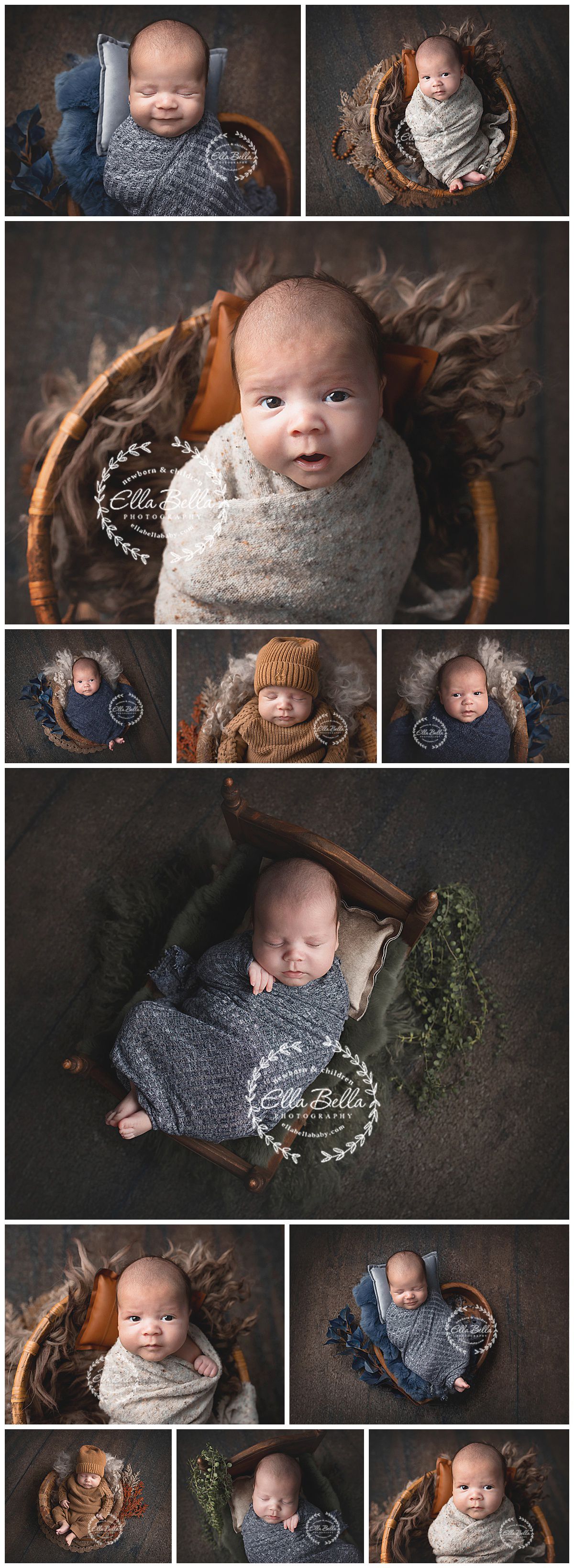 Collection of artistic newborn photos featuring baby in various poses with gray and brown textures.