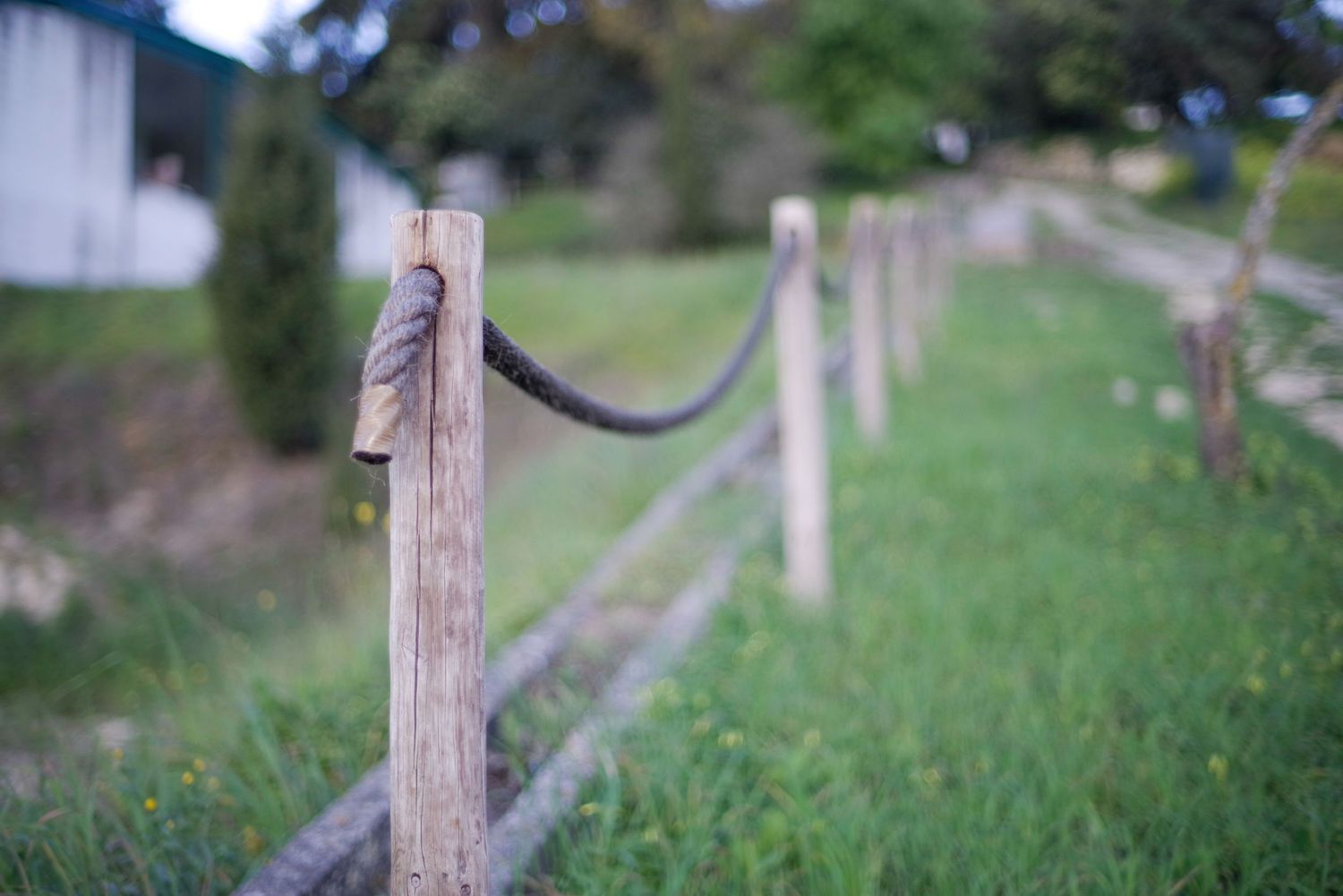 Wooden fence post with rope in a green field during sunset.