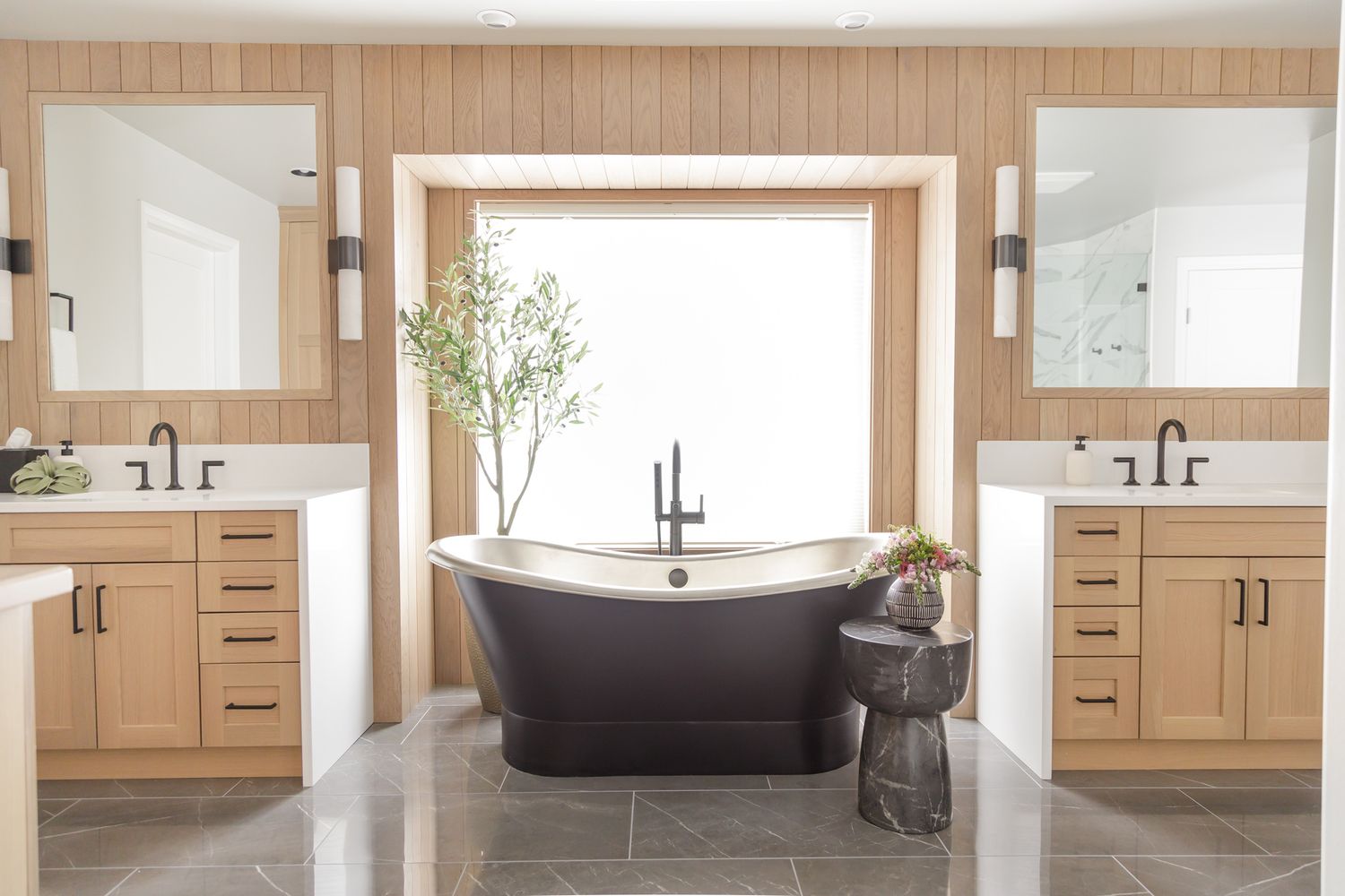 H. Bero Interior Design photos master bathroom 2 vanities and large black gold tub in Bellevue, WA