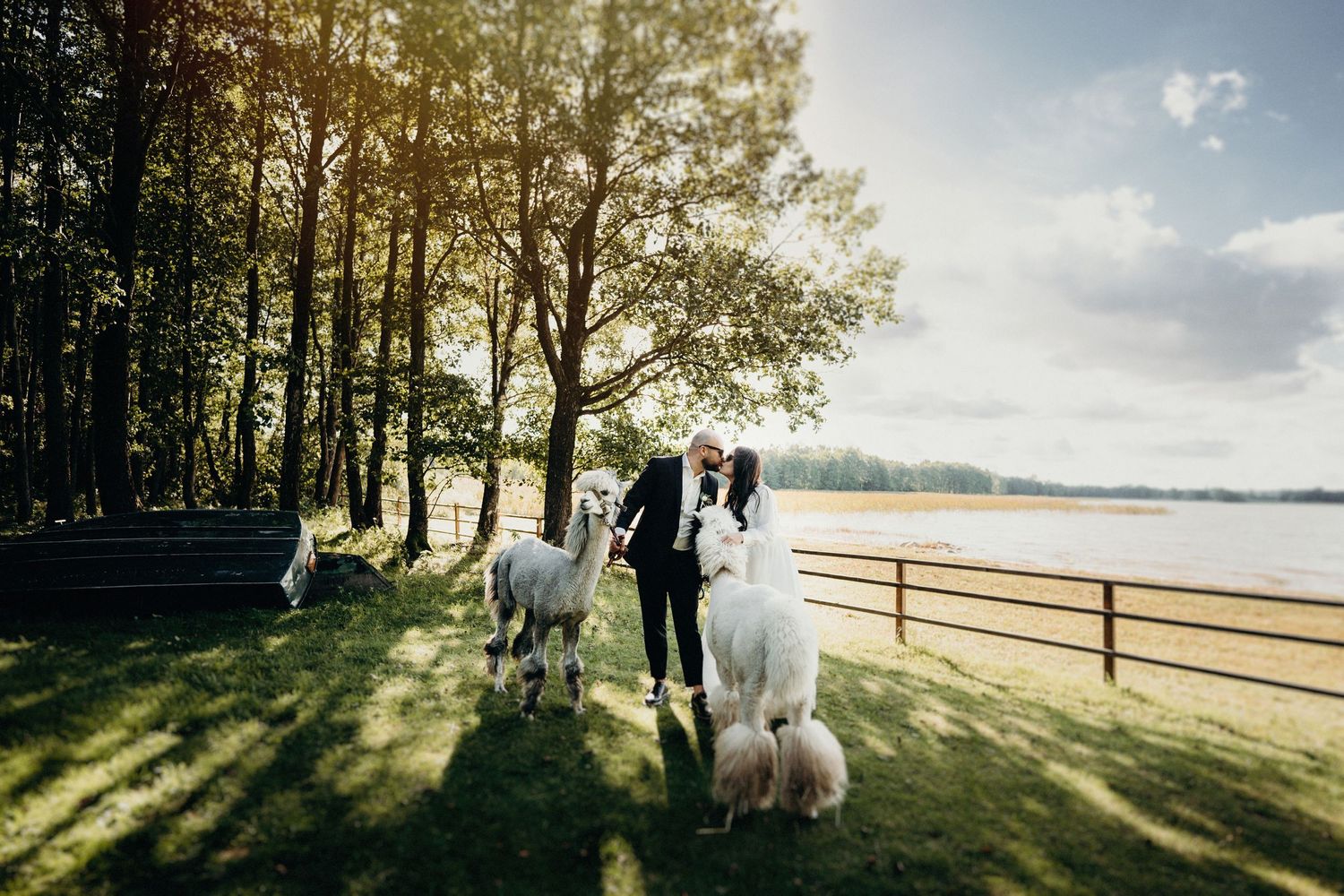Sunset wedding portraits along a lakeside fence with dramatic golden hour lighting.