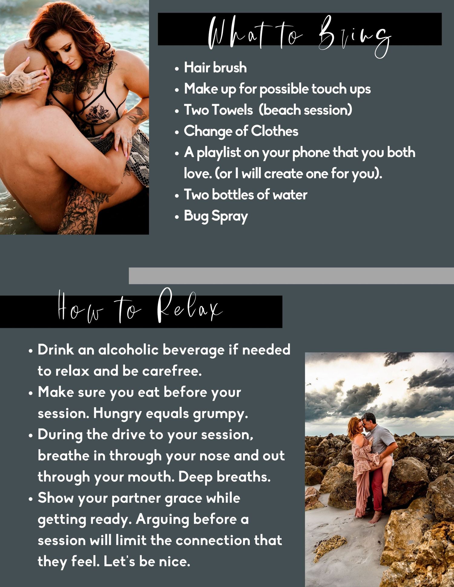 Couples photo session checklist including what to bring and tips on how to relax.