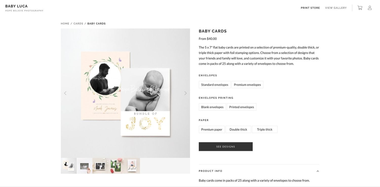 Screenshot of the Hope Believe Photography printshop baby cards.