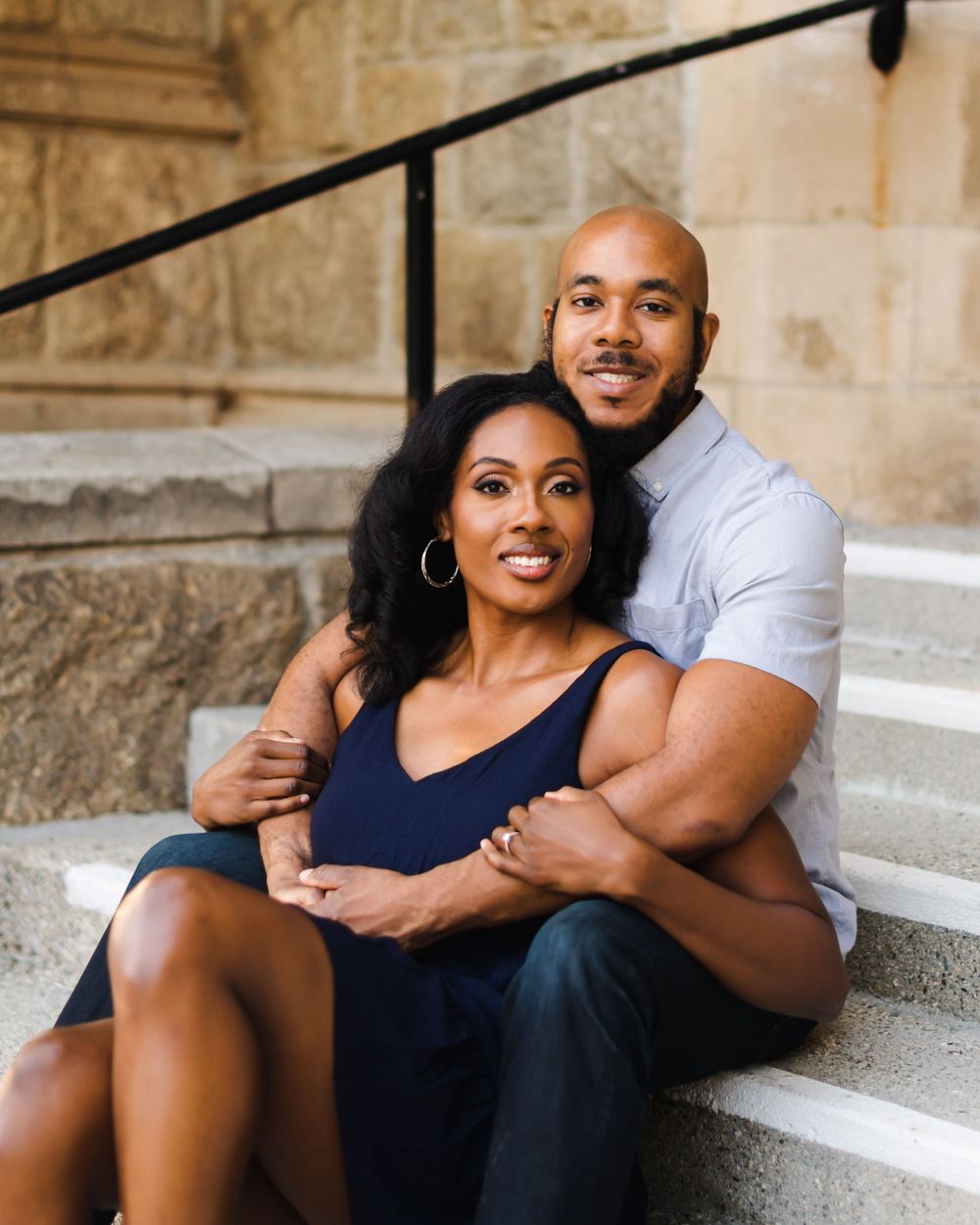 couples getting married, black couples, black love, souls connected, sitting on steps, engagement portraits