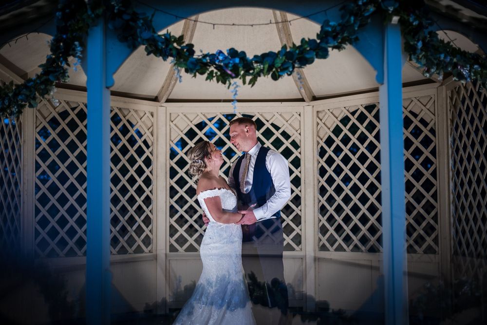 Gazebo evening portraits at Kelham House wedding