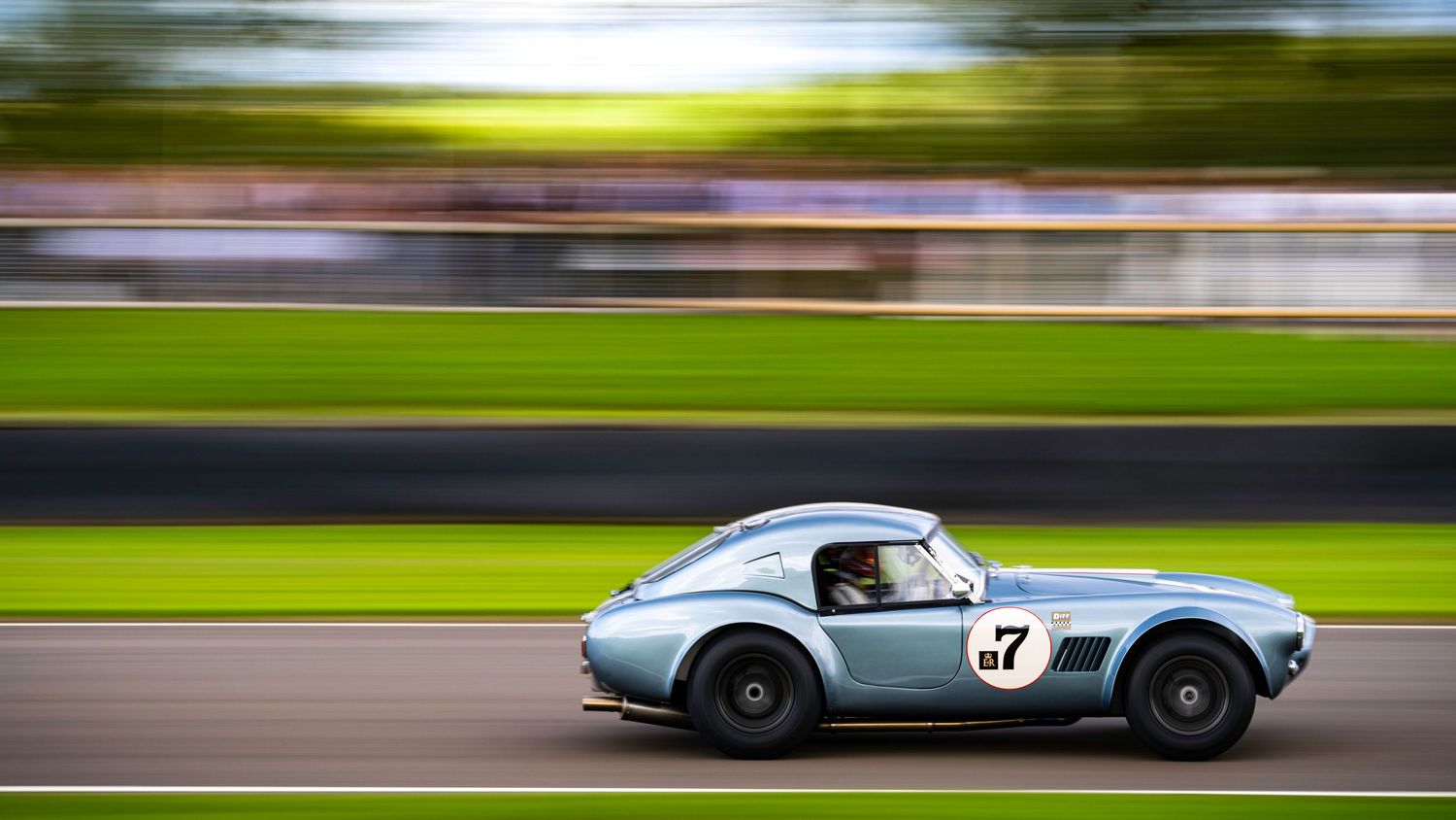 Classic sports cars racing on a green circuit captured with motion blur effect.
