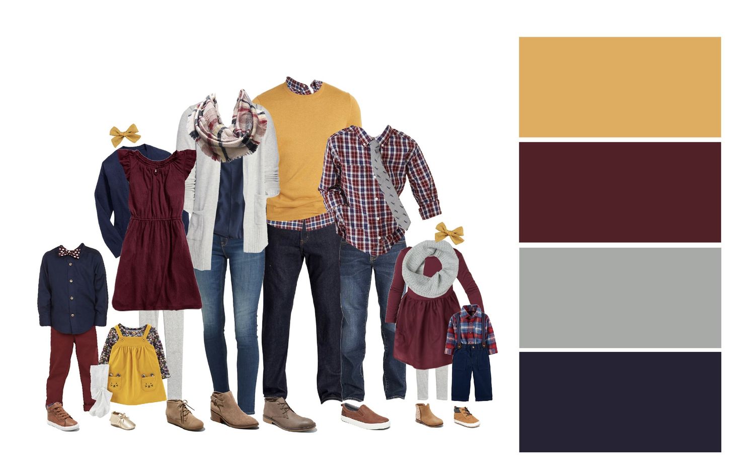 Color coordinated family outfit style guide with burgundy, mustard yellow and navy blue tones.
