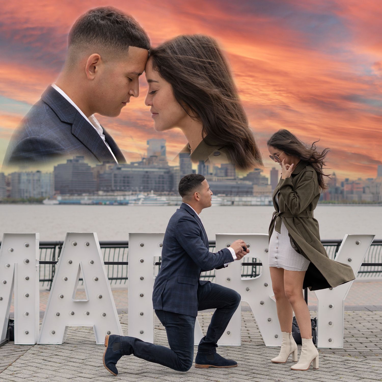 Proposal scene at sunset with pier and dramatic orange sky in the background.