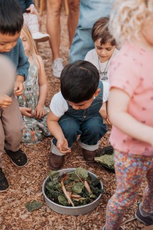 Children gather around a bowl on mulch-covered ground during an outdoor activity.