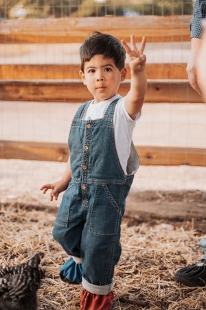 A young child in denim overalls makes a peace sign while standing in a chicken coop.