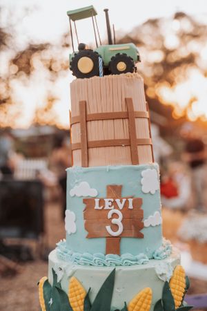 Farm-themed birthday cake with tractor topper and corn decorations for 3-year-old Levi.