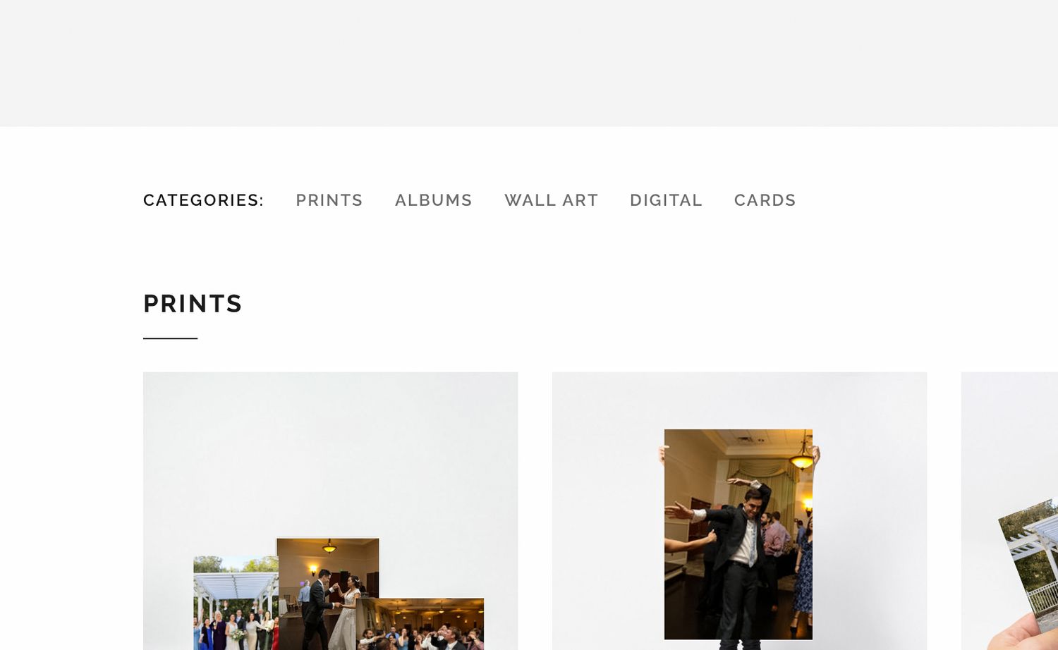 Website prints section displaying photo gallery thumbnails in a grid layout.
