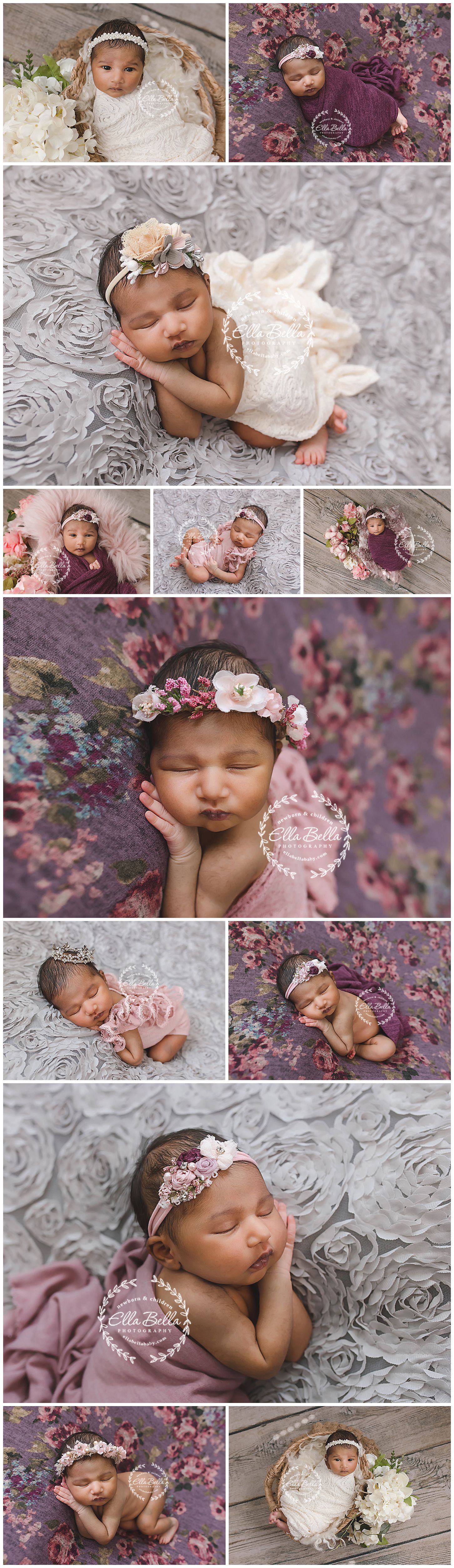 Professional newborn photography session featuring delicate floral headpieces, lace wraps, and dreamy pastel backdrops.
