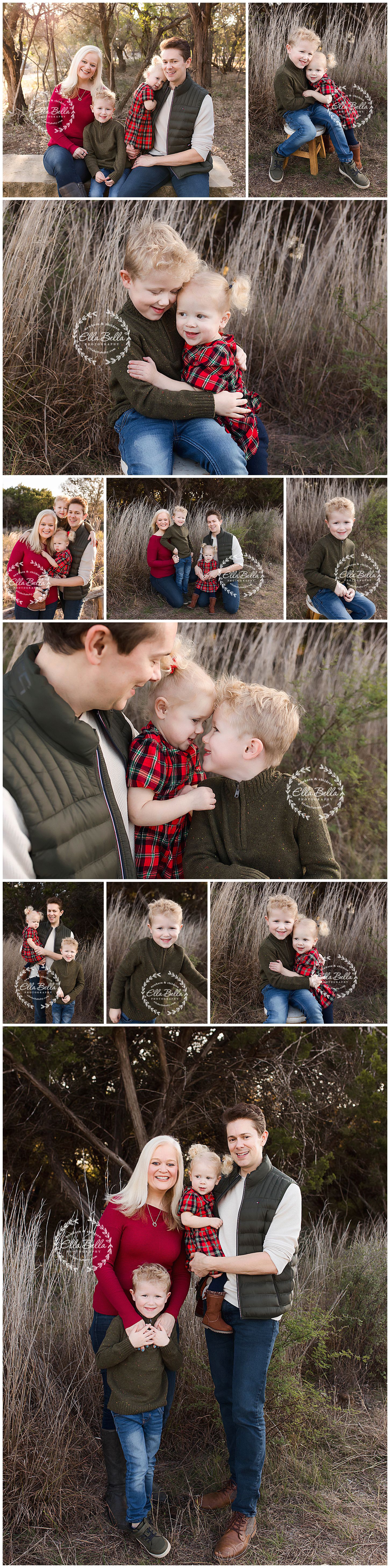 Collection of family photos featuring coordinated winter outfits in red and green against natural backdrop.