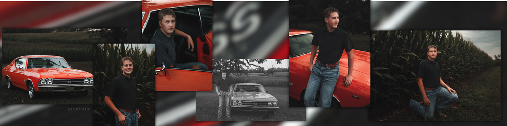 Jade Made LLC  photographs a Iowa  boy with orange car in the country