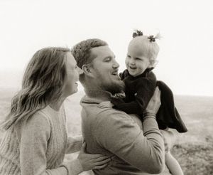Black and white photo strip showing loving family interactions and embraces.
