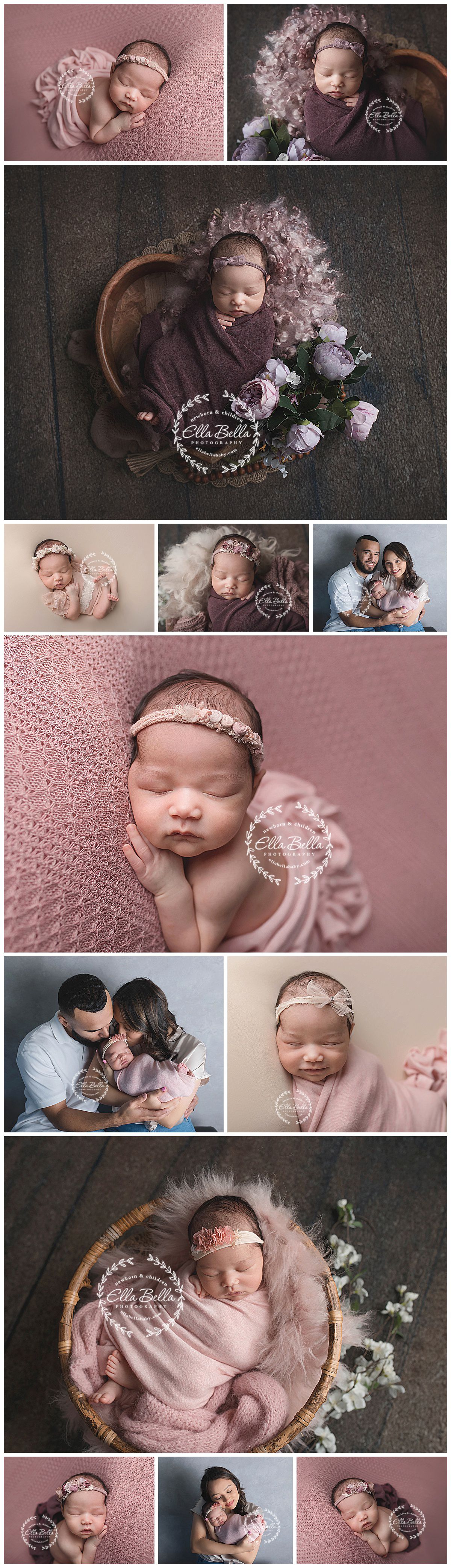 Professional newborn photography collection featuring soft pink tones, floral arrangements, and delicate wraps in natural light.