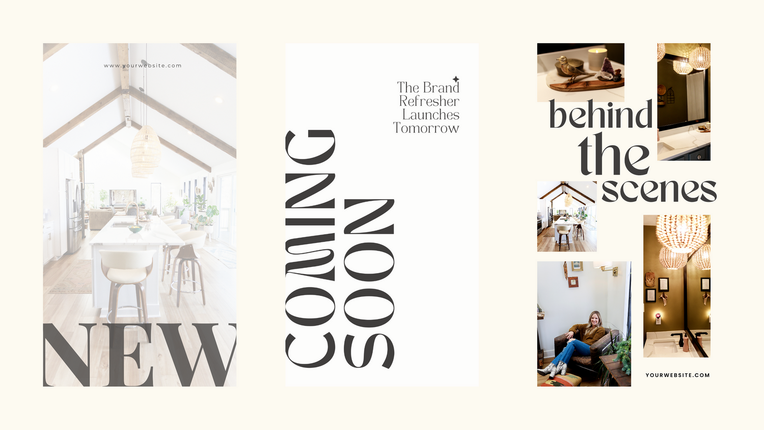 Modern collage design featuring interior scenes and text layouts in neutral tones.