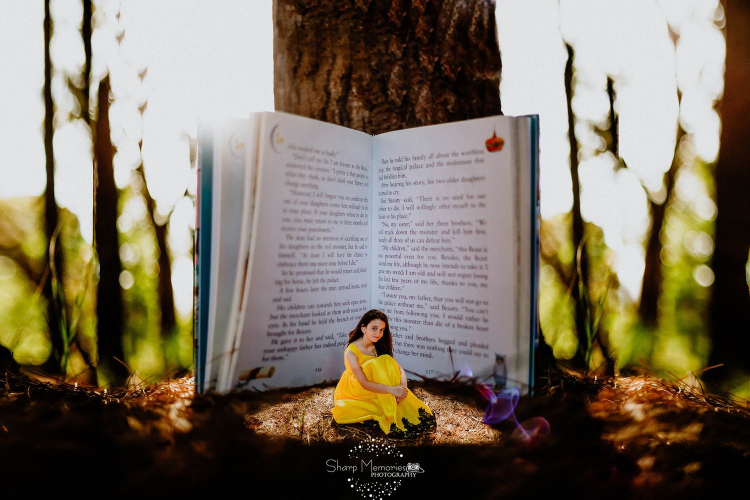 Creative miniature fantasy scene with tiny figure against large open book in forest setting with dreamy bokeh background.