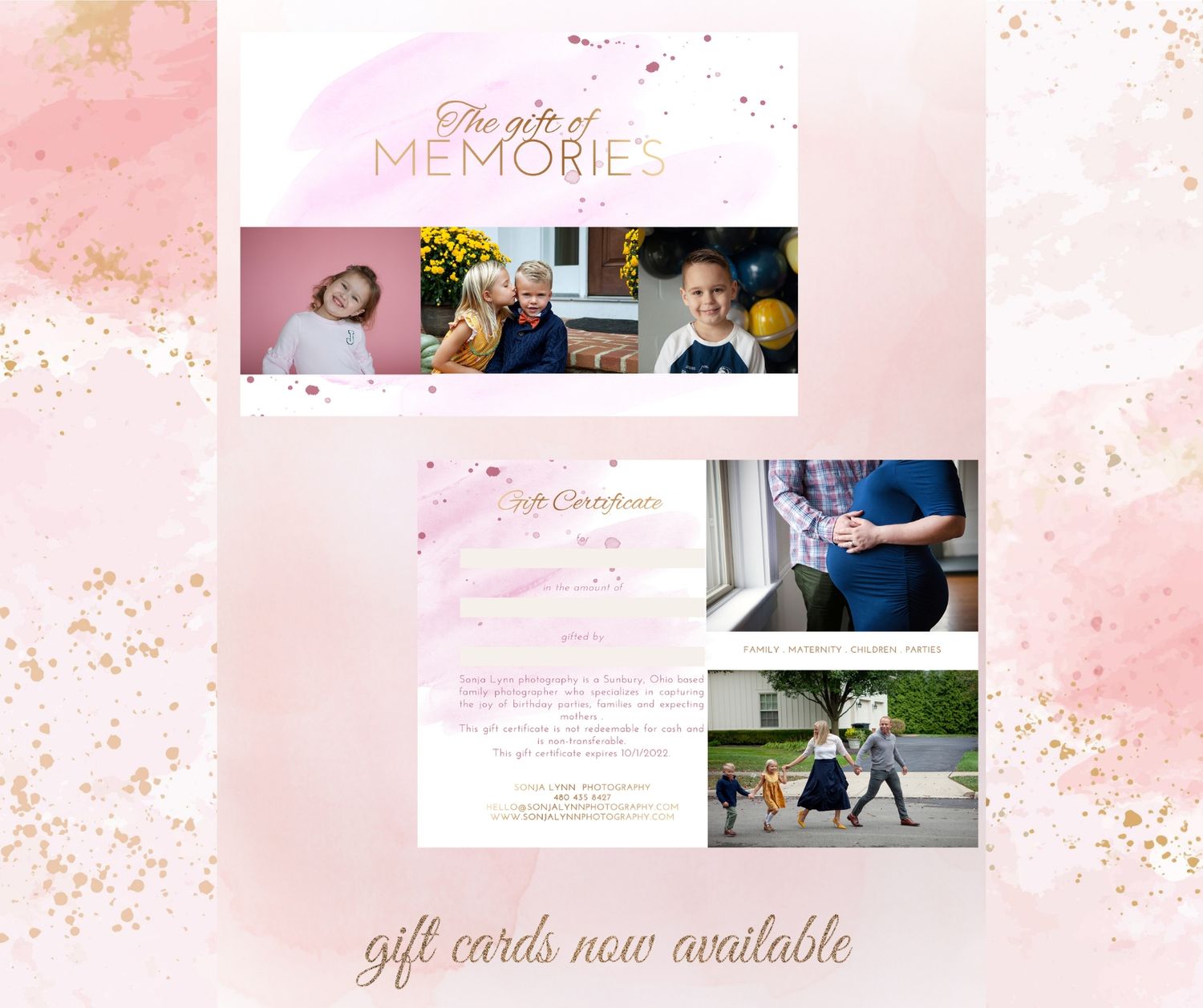 Pink watercolor design template for photography gift cards with photo collage.