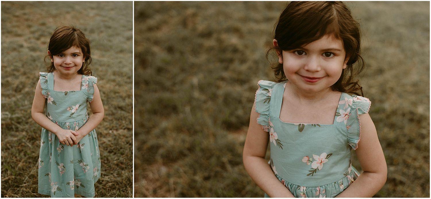 Two connected portraits of child in mint floral dress showing genuine expressions.
