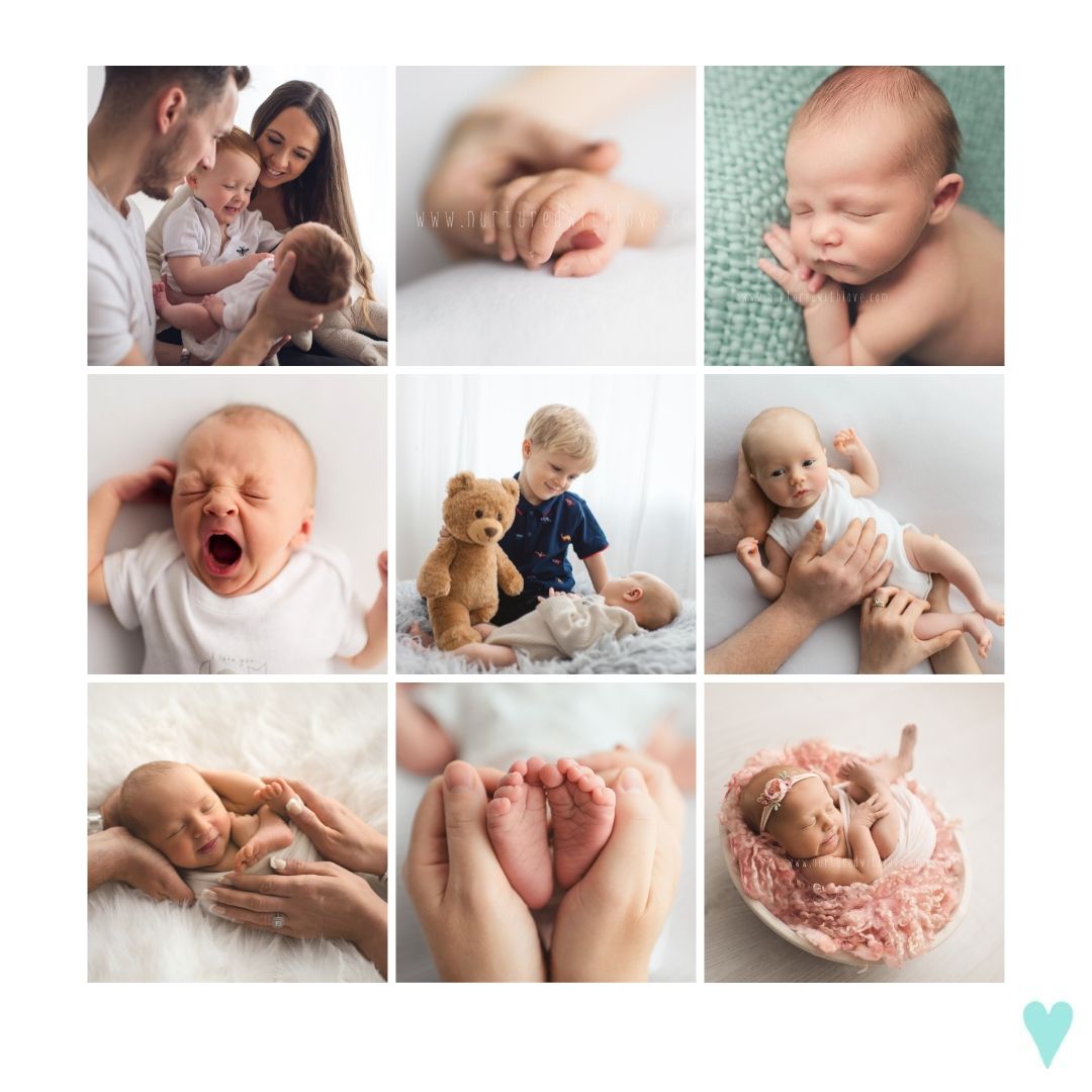 Grid of nine intimate newborn and family lifestyle photographs.