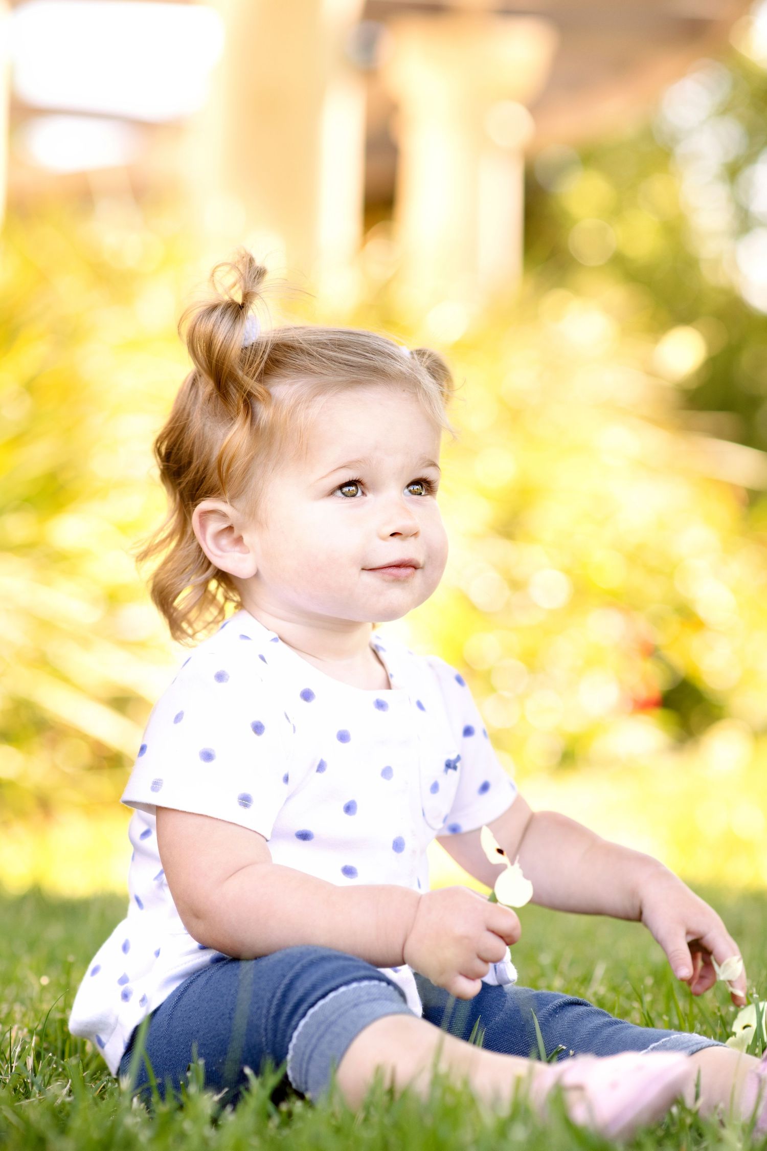 Child in polka dot shirt sitting on grass with golden sunlight behind.