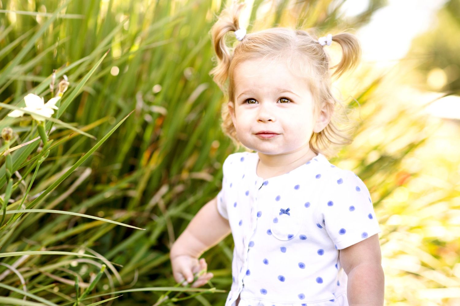 A toddler in a polka dot dress smiles brightly while standing in tall grass with golden sunlight behind.
