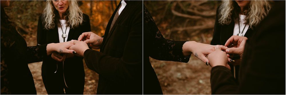 A close-up of wedding ring exchange during an outdoor forest ceremony.