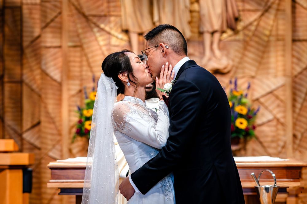 Wedding ceremony captured in a series of intimate moments inside a beautifully lit church.