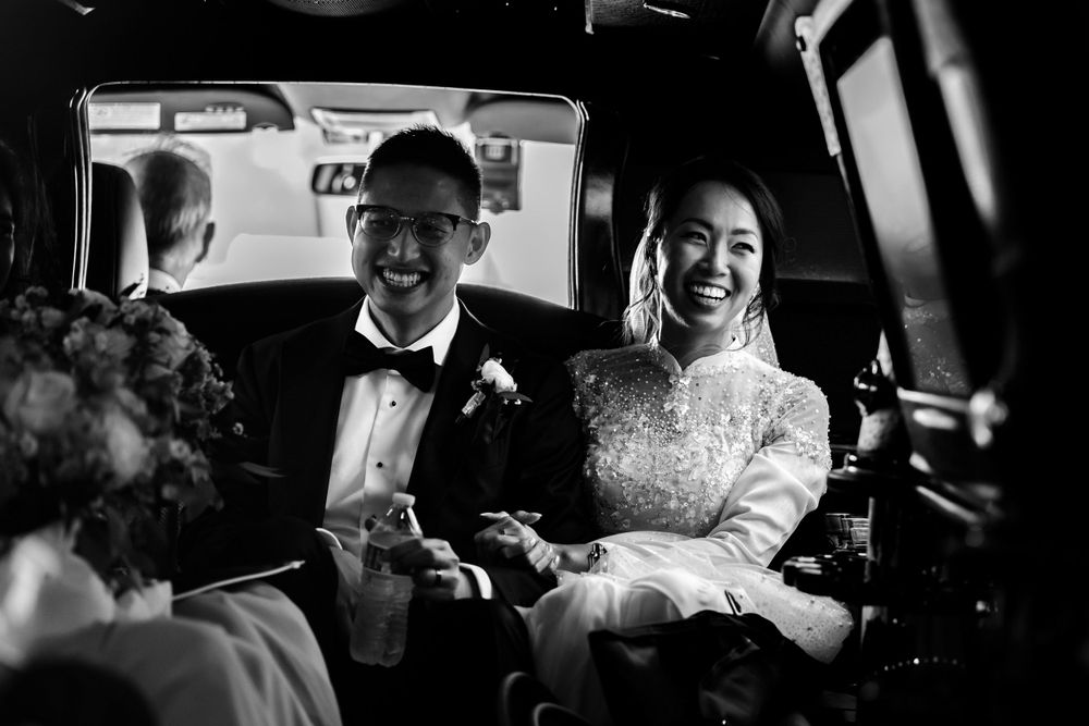 Black and white candid wedding moments captured during reception celebrations.