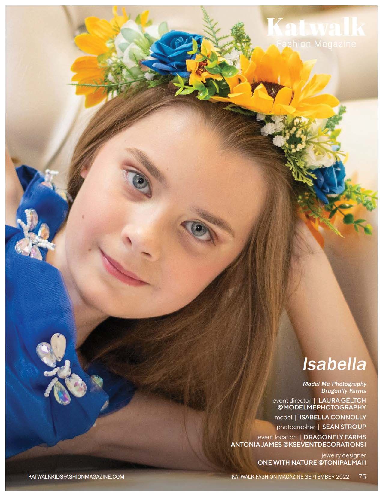 Portrait with floral crown featuring sunflowers and blue roses against soft background.
