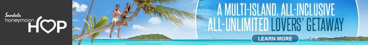 Tropical beach resort travel banner with palm trees and ocean view overlaid with promotional all-inclusive vacation text.