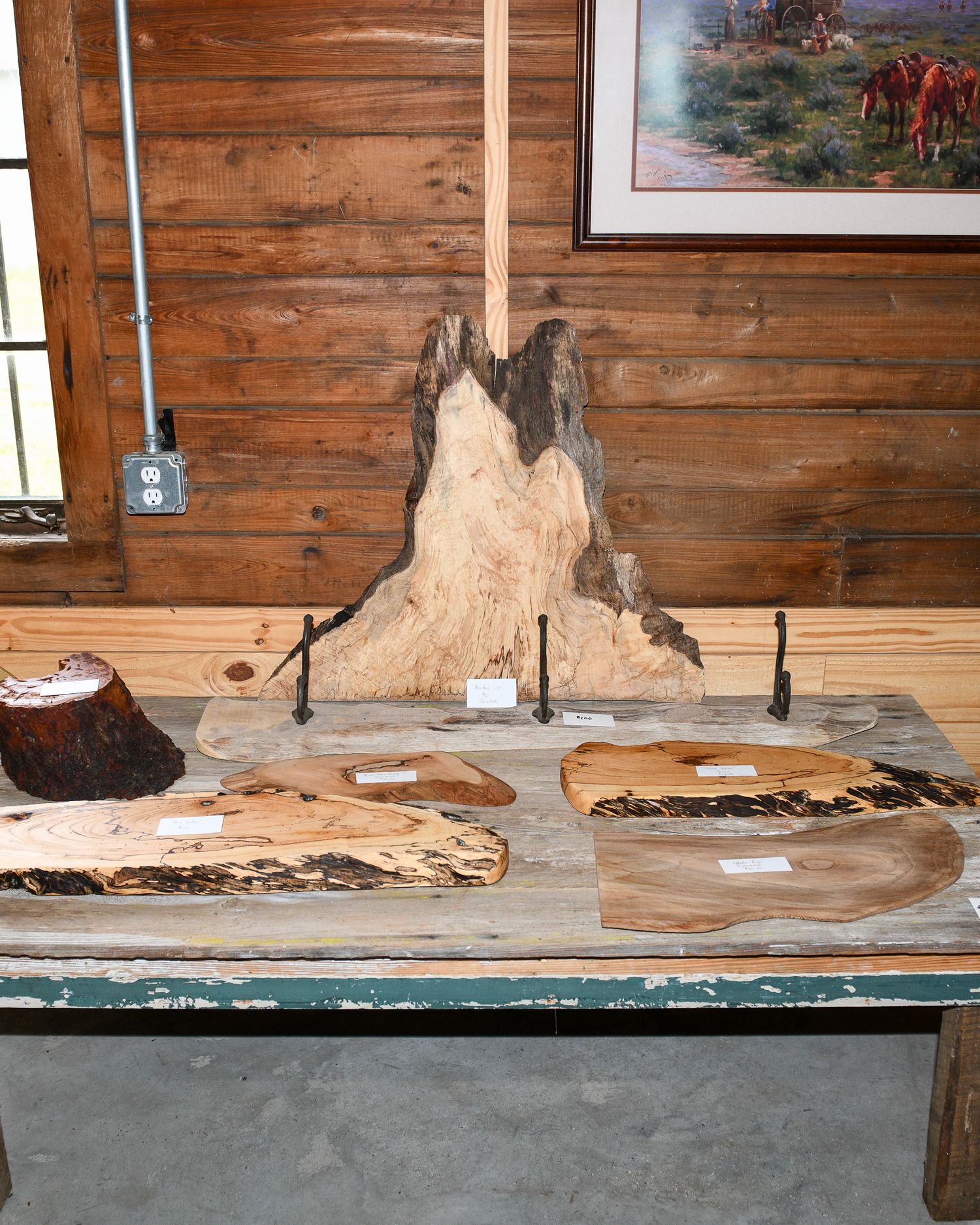 Raw wood slabs and natural materials displayed on an industrial table in a rustic workshop setting.
