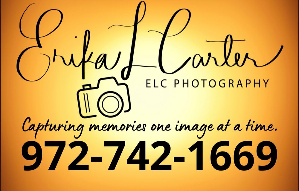 Business card design for ELC Photography with camera icon and contact information on orange background.