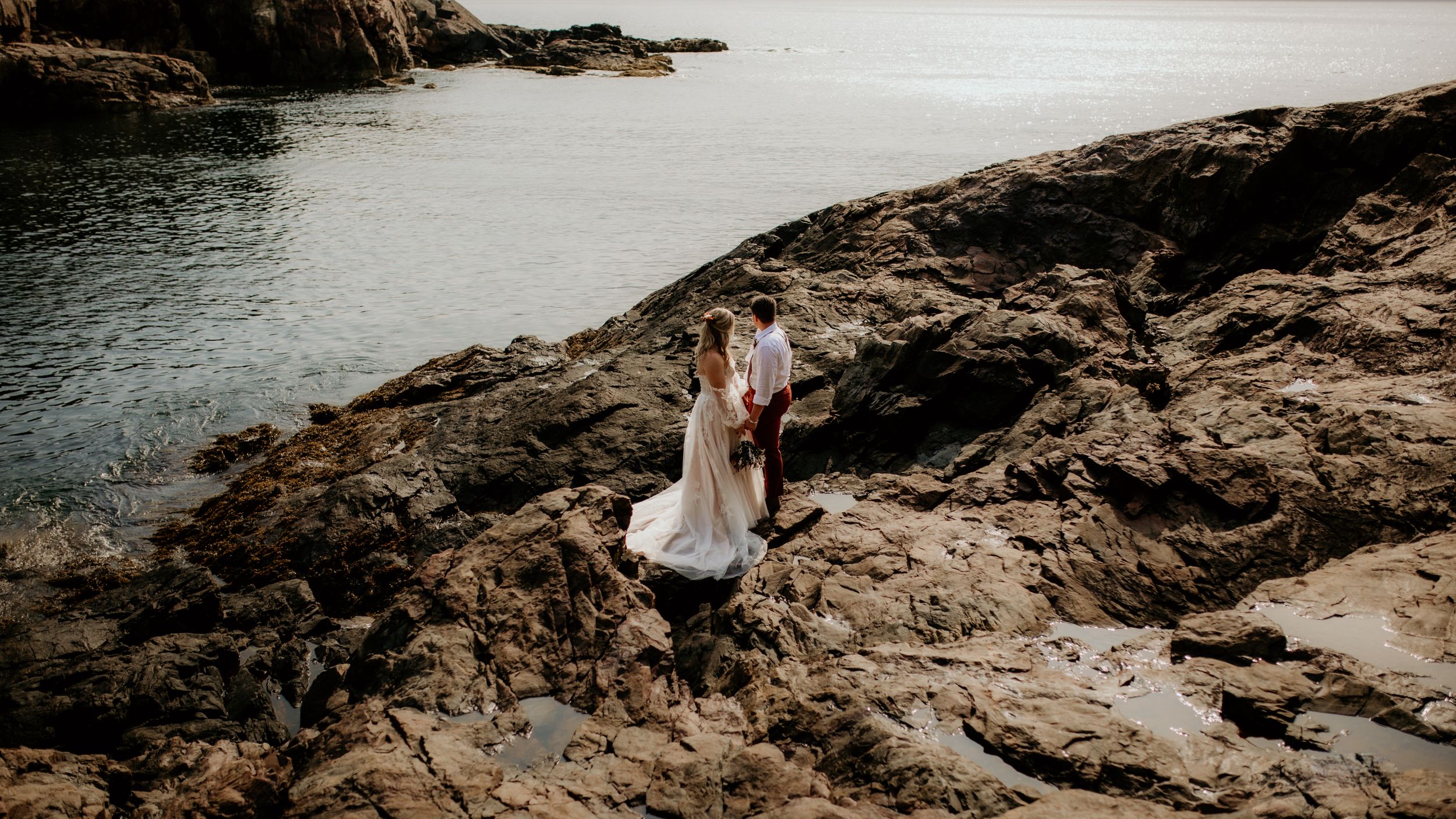 Dramatic coastal wedding photos taken on rugged ocean cliffs.