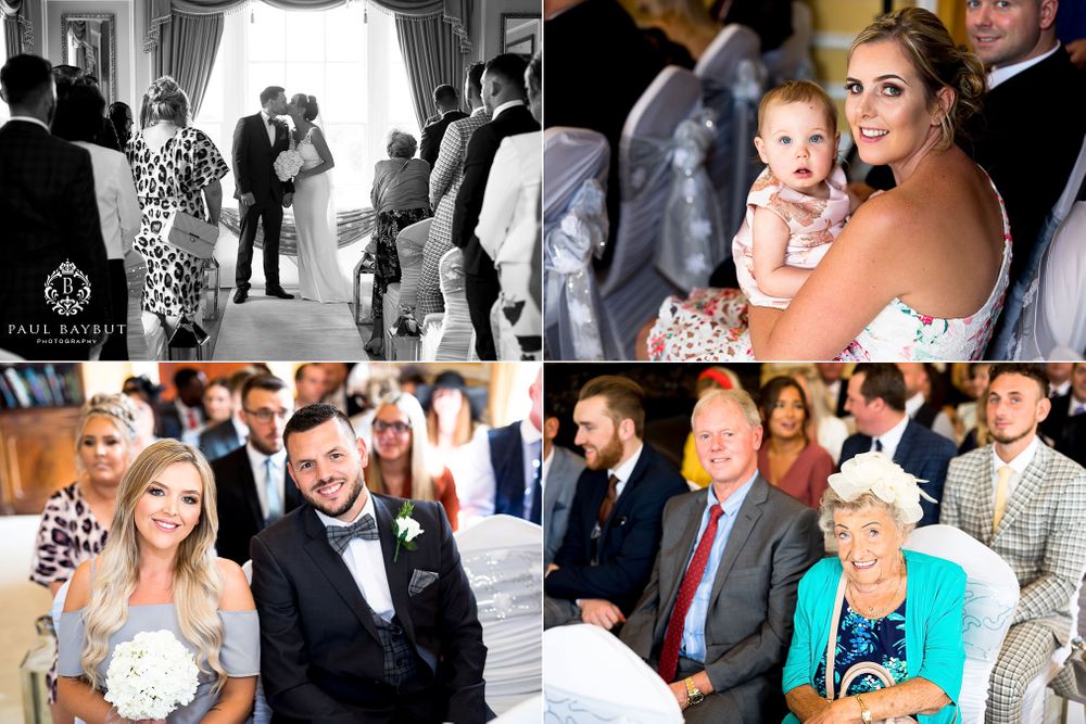 Wedding photo collage showing various moments from the celebration with family and guests.