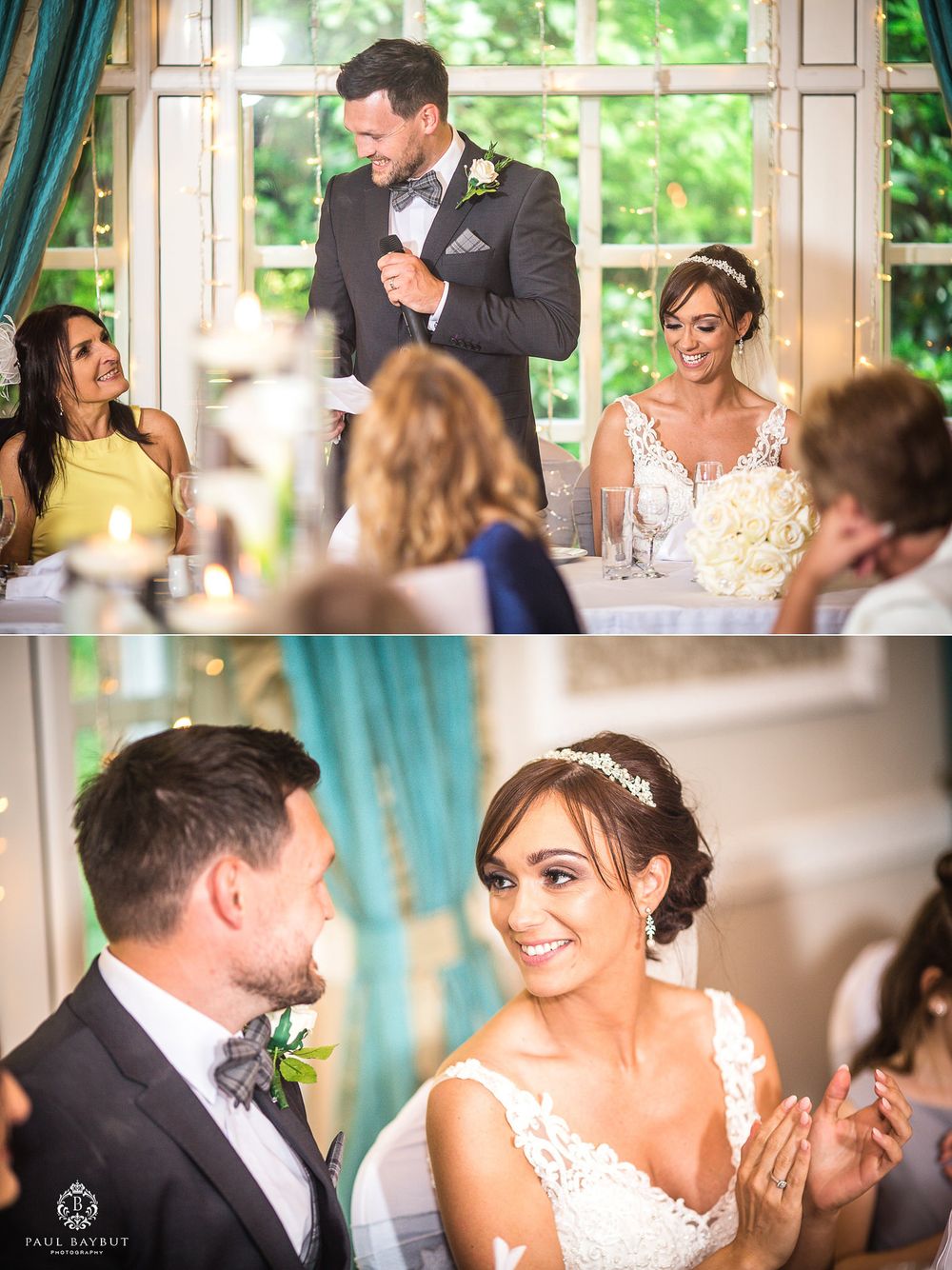 Wedding party enjoying speeches and laughter during reception dinner.